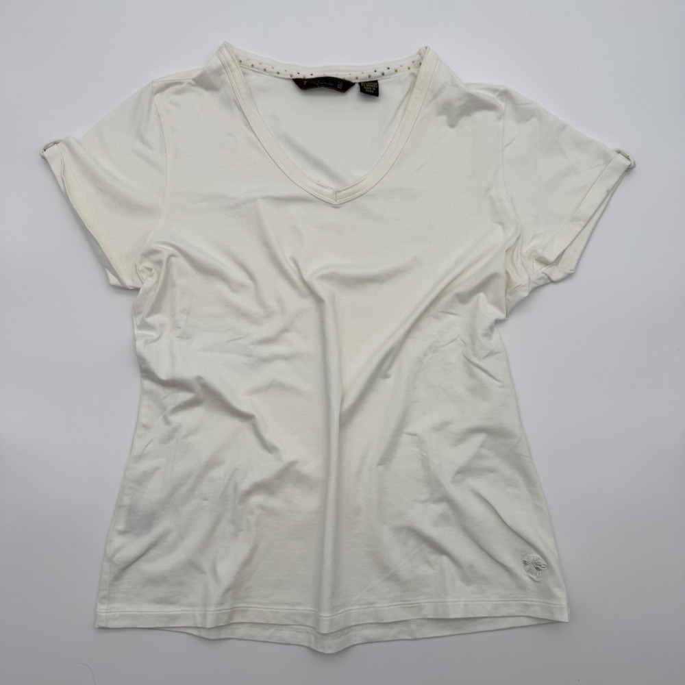 Tommy Bahama Golf Womens White V-Neck T-Shirt Short Sleeve Button Tab Large